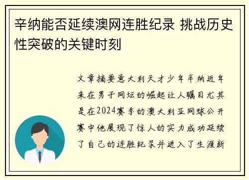 辛纳能否延续澳网连胜纪录 挑战历史性突破的关键时刻