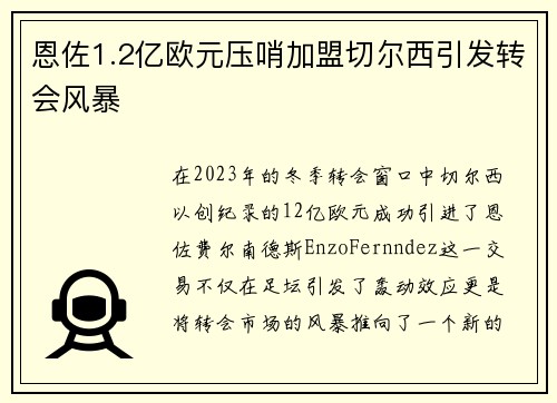 恩佐1.2亿欧元压哨加盟切尔西引发转会风暴 恩佐1.2亿欧元压哨加盟切尔西引发转会风暴