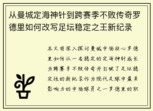 从曼城定海神针到跨赛季不败传奇罗德里如何改写足坛稳定之王新纪录